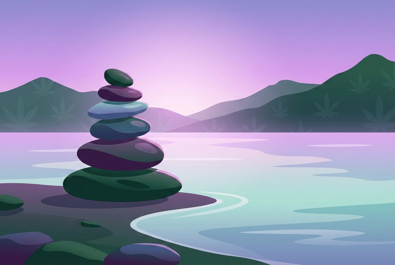A minimalistic, serene illustration of a stack of smooth stones balanced perfectly on a shoreline. The water is calm, and the lighting is soft dawn, symbolizing stability, balance, and the subtle nature of homeostasis.