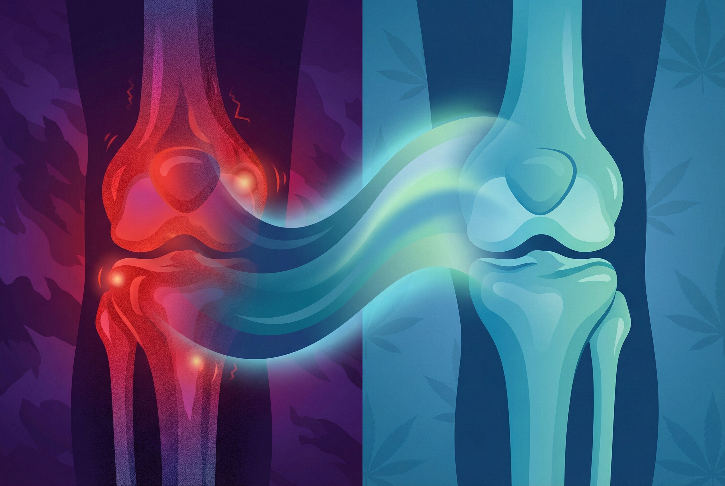 A split-view graphic of a human joint, such as a knee or elbow. The left side is red and 'noisy' representing inflammation; the right side is cool blue and calm, representing the soothing effect of CBD. The transition should be smooth, looking like a cooling wave.