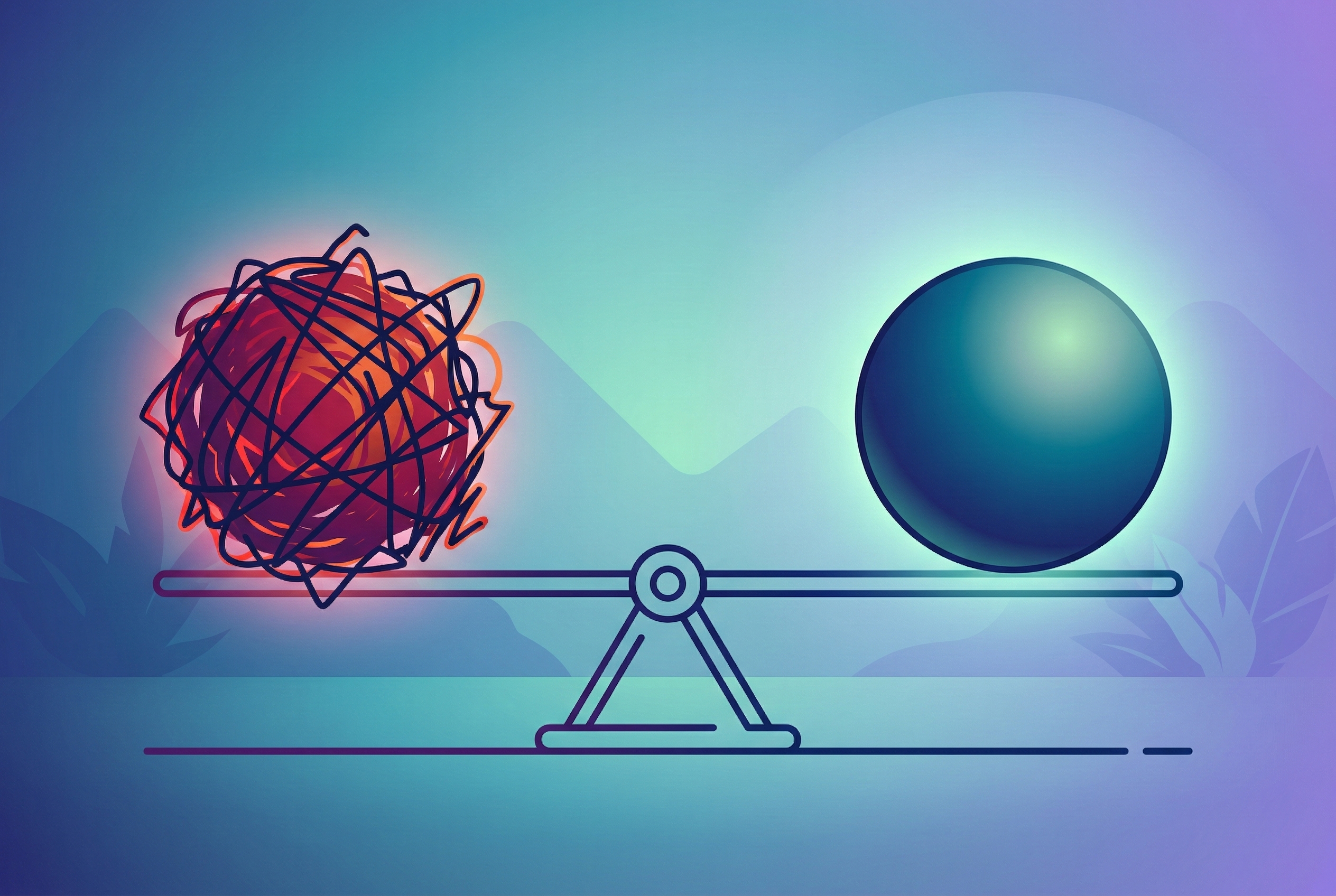 A simple line-art illustration of a see-saw. On one side is a chaotic, scribbled ball representing 'Stress/THC High.' On the other side is a smooth, perfect circle representing 'CBD/Calm.' The see-saw is perfectly level, illustrating the balancing nature of CBD.